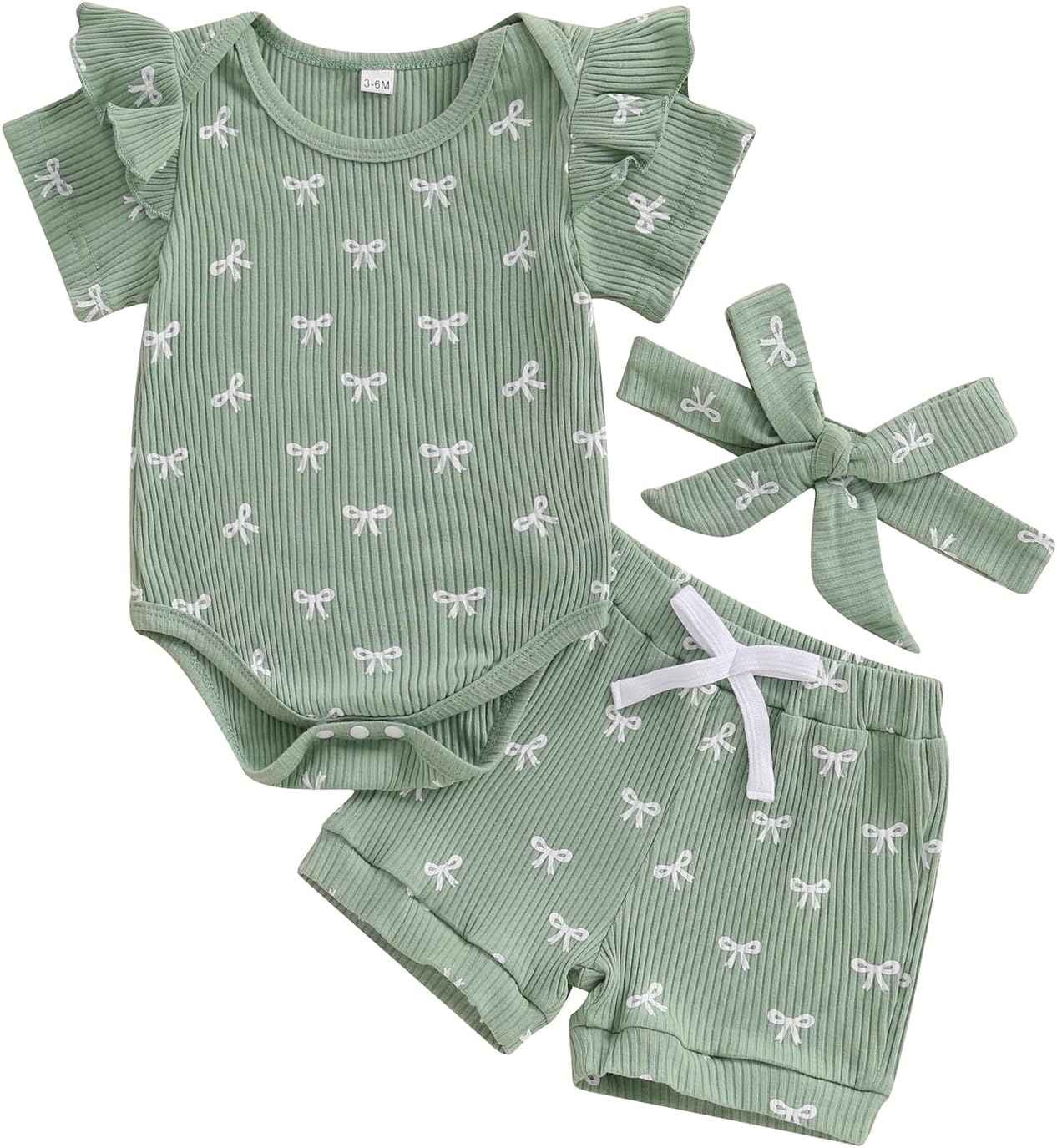 Beauace 3-Piece Baby Girls' Summer Clothing Set Ruffle Short Sleeve Romper + Ruffle Shorts + Headband Baby Set Soft Newborn Going Out Outfit