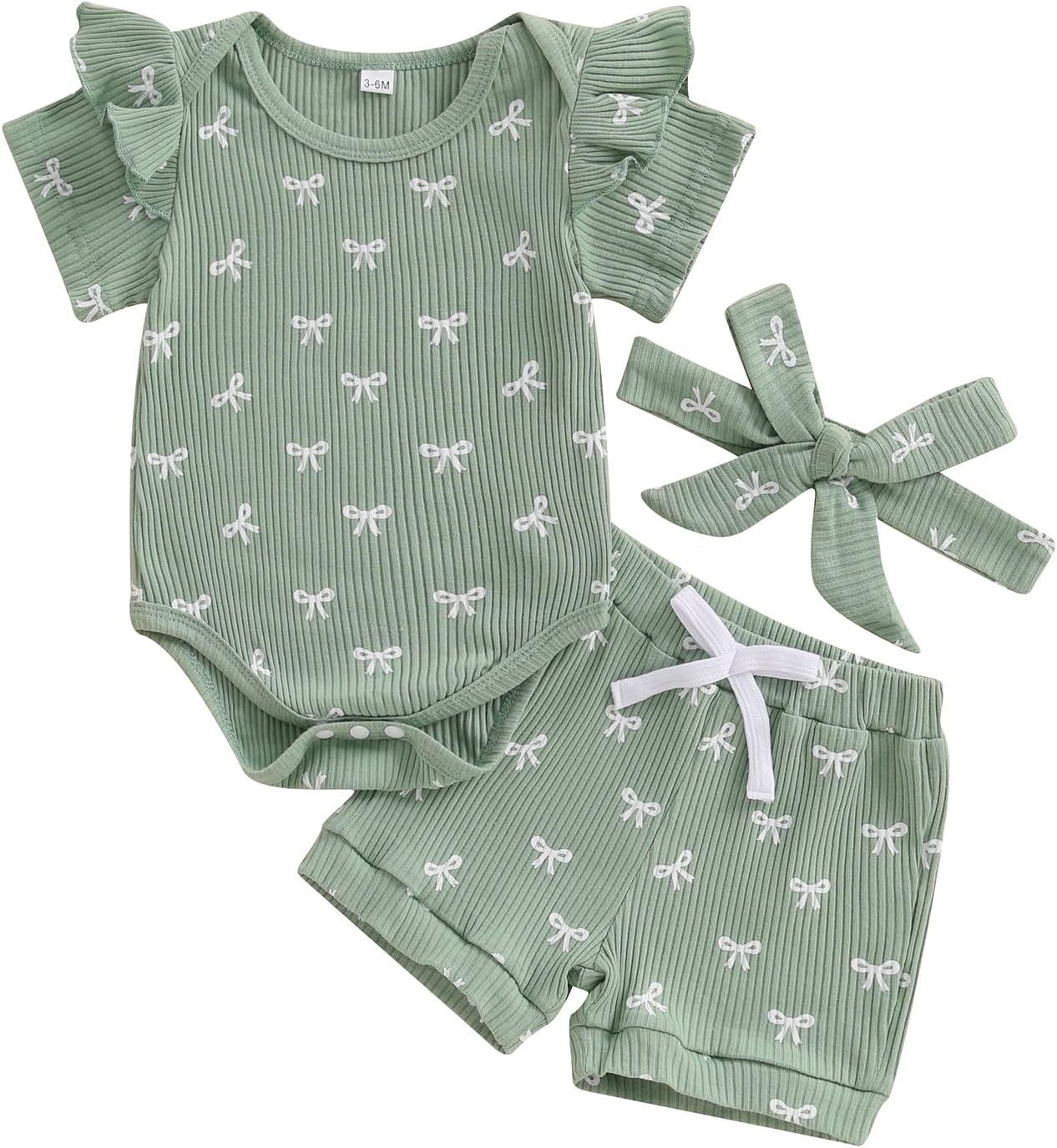 3tlg Baby Mädchen Sommer Kleidung Set Rüschen Kurzarm Strampler + Rüschen Shorts + Stirnband Babyset Weiche Neugeborene Ausgehen Outfit