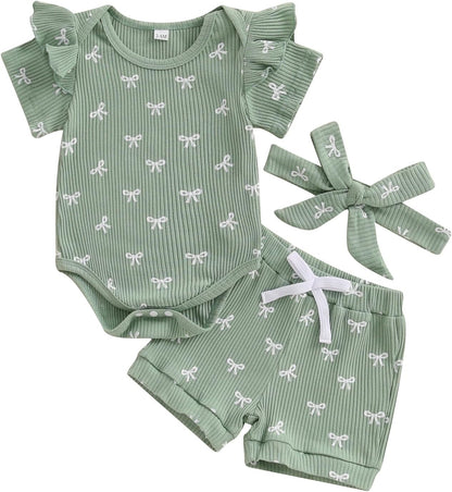3tlg Baby Mädchen Sommer Kleidung Set Rüschen Kurzarm Strampler + Rüschen Shorts + Stirnband Babyset Weiche Neugeborene Ausgehen Outfit