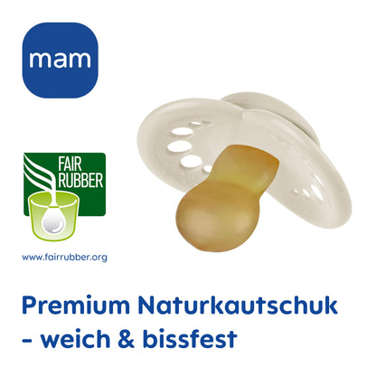 MAM Original Latexschnuller im 2er-Set, Schnuller aus nachhaltigen, bio-erneuerbaren Materialien, Baby Schnuller mit symmetrischem & kiefergerechtem Sauger, 0-6 Monate, Hase/Reh