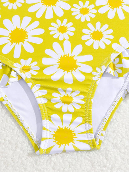 JiAmy Einteiliger Mädchen Badeanzug Blumenmuster Rüschen Elastischen Trägern Ärmellos Kleinkinder Schwimmkleidung für 2–7 Jahre/92-122