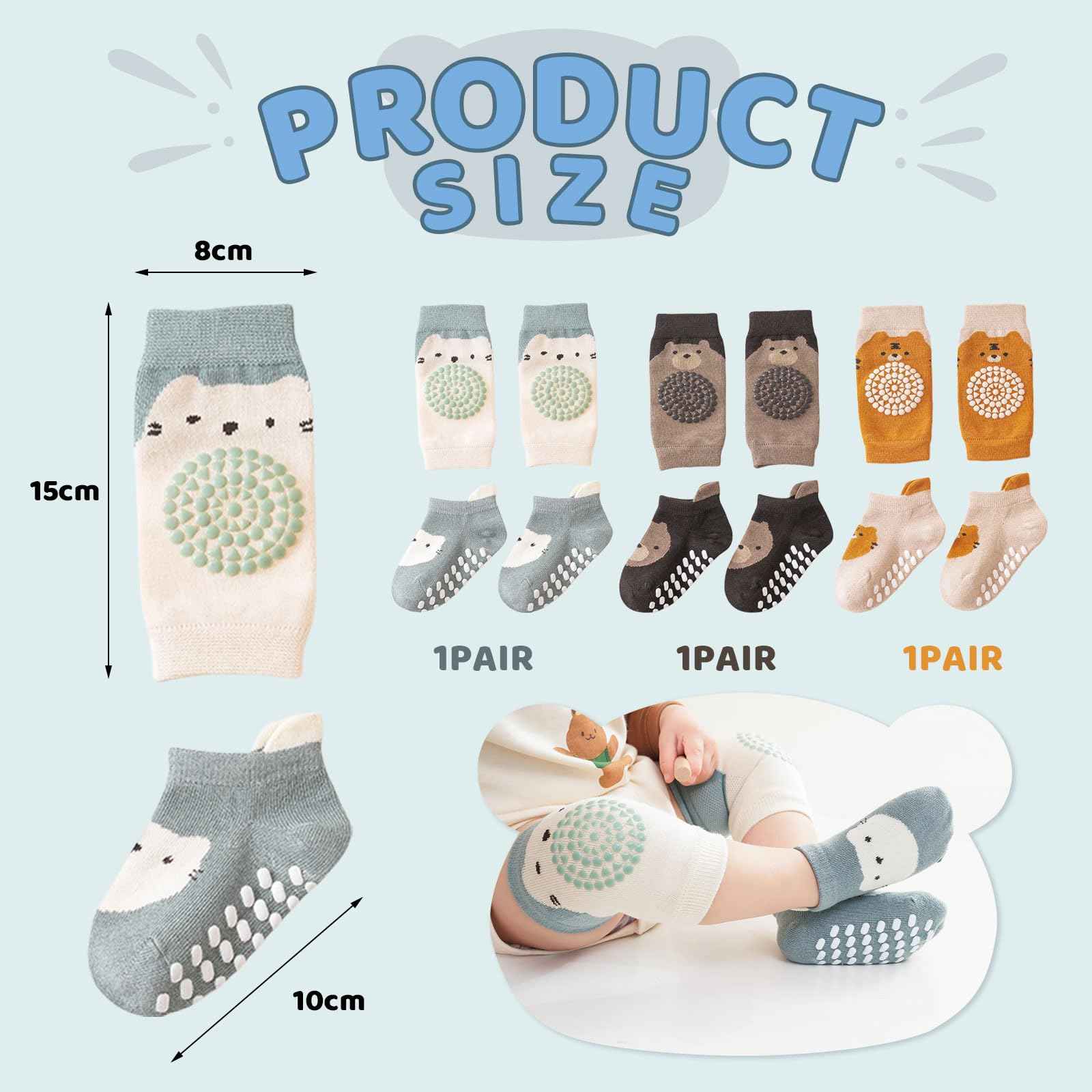 3 Paar Baby Knieschoner und 3 Paar Baby Socken Baby Krabbeln set, Anti Rutsch mit Gummipunkte Krabbelschoner Stulpen Knieschützer für Kleinkinder 0-12 Monate