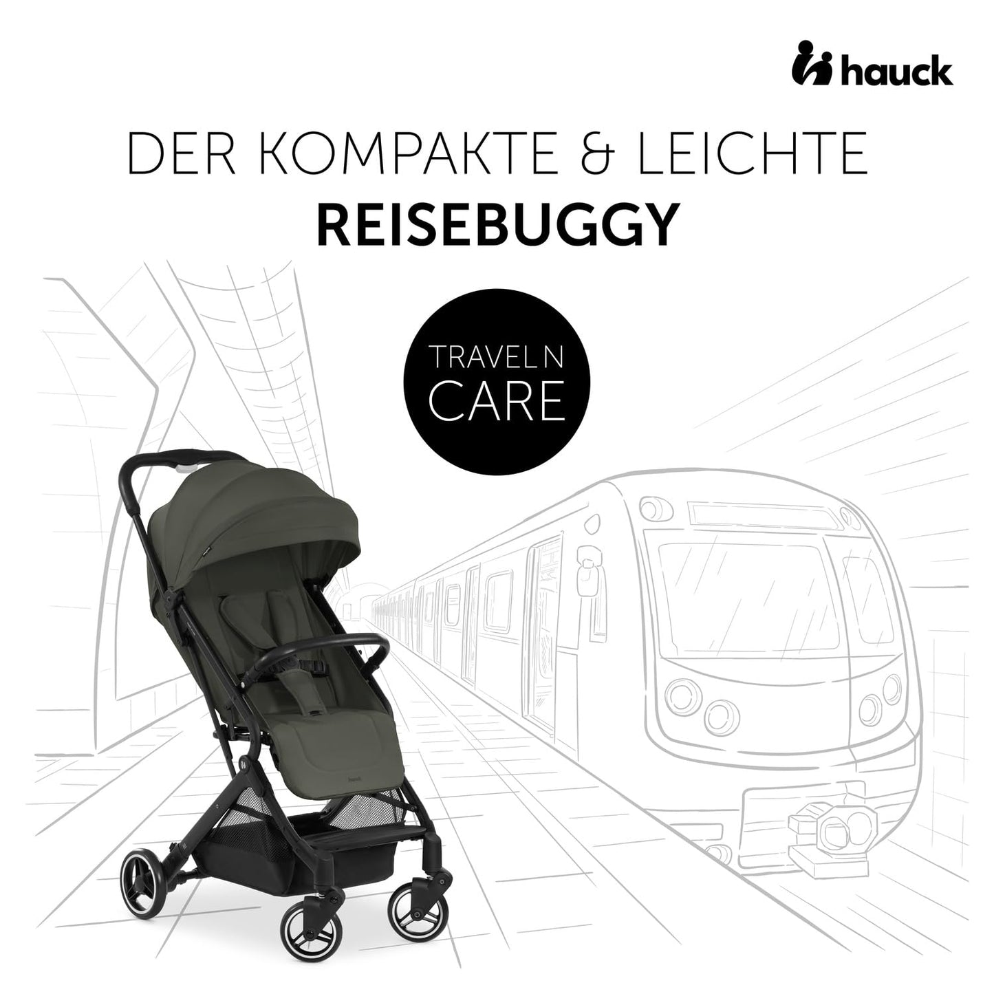 Hauck Travel N Care Dark Olive Stroller – Lightweight travel buggy for children from birth to 22 kg with reclining function, compact and UPF 50+