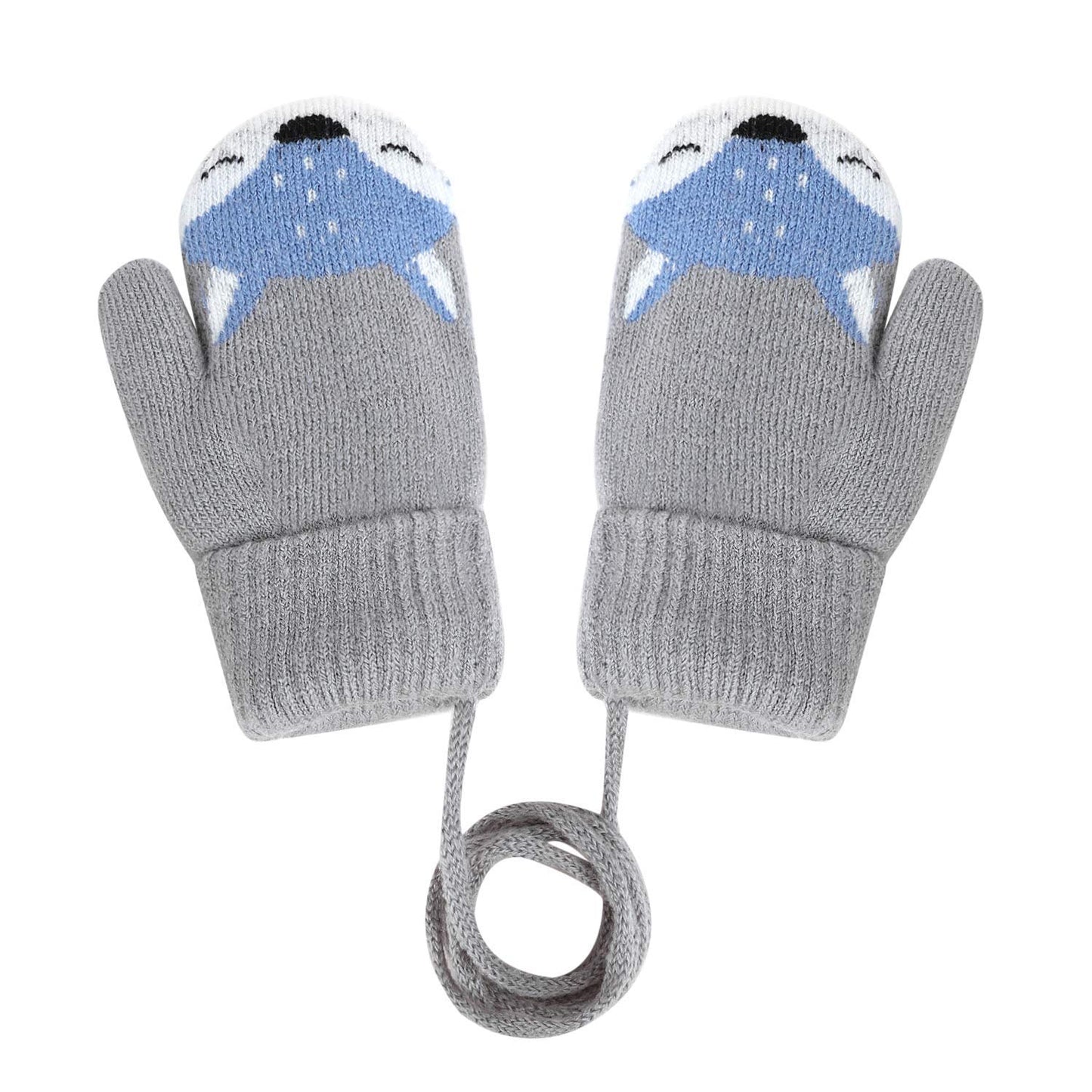Kids Winter Gloves Mittens Baby Cartoon Mitten Neck Gloves Thick Double Knitted Glove with Plush,0 - 3 years old, Playing, Running, Skiing
