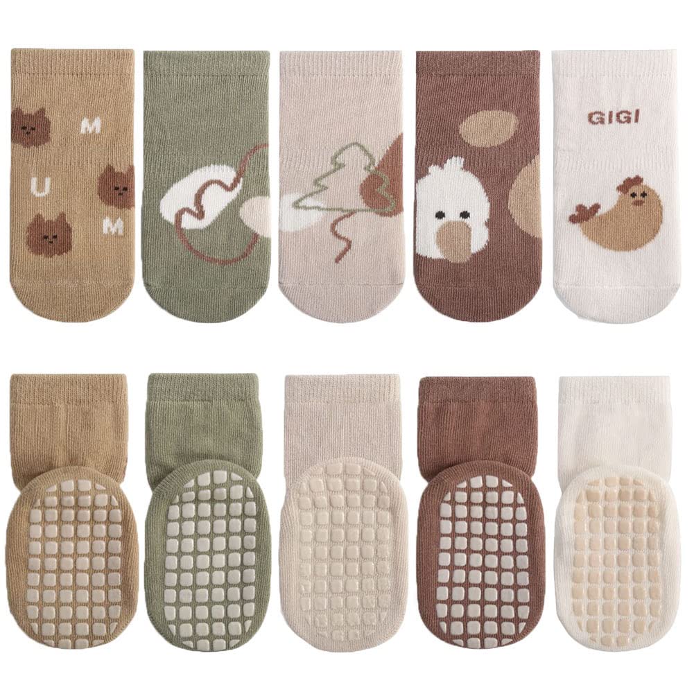 Pack of 5 Baby Toddler ABS Non-Slip Socks, Trainer Socks, Animal Motifs, Cotton