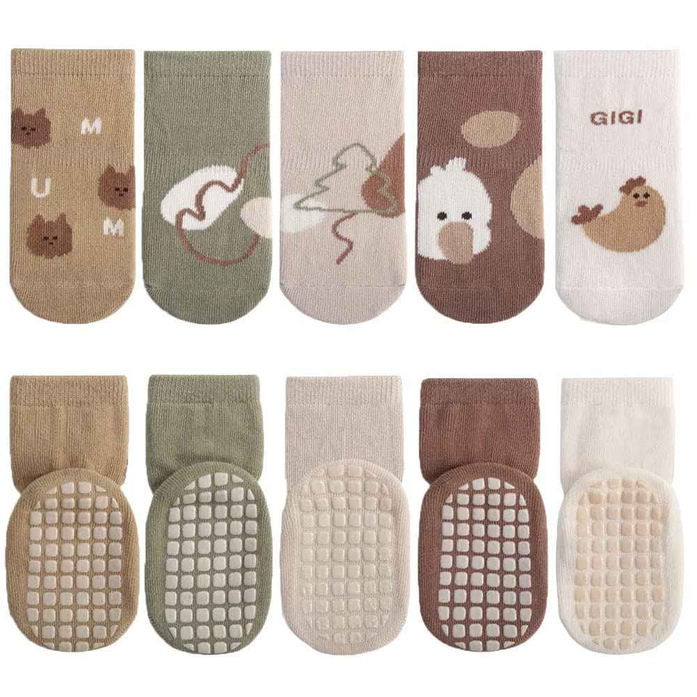 Pack of 5 Baby Toddler ABS Non-Slip Socks, Trainer Socks, Animal Motifs, Cotton