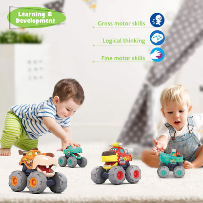 MOONTOY Baby Spielzeugauto Bagger Konstruktionsfahrzeuge Baufahrzeuge 4 in einem Set für Kinder, Traktor, Bulldozer, Kipper & Zementmischer