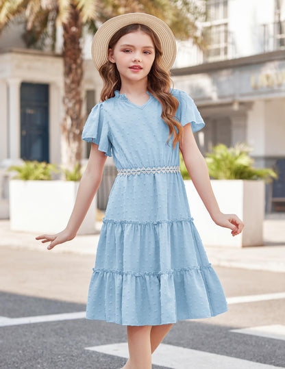 Arshiner Mädchen Kleid Festliches Rüschenärmel Sommerkleider V-Ausschnitt Partykleid Swiss Dot Stufenkleid Kinder A-Linie Swing Kinderkleid mit Tasche 3-12 Jahre