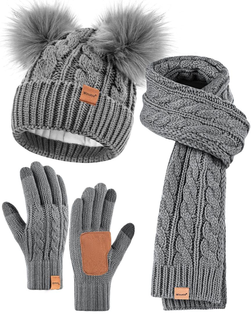 Winuesa Mütze, Schal & Handschuh-Sets für Damen, Beanie Mütze Damen Winter mit Bommel Fleece Gefütterte, Touchscreen Handschuhe Schal Cap 3 in 1 Set