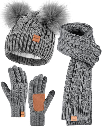 Winuesa Mütze, Schal & Handschuh-Sets für Damen, Beanie Mütze Damen Winter mit Bommel Fleece Gefütterte, Touchscreen Handschuhe Schal Cap 3 in 1 Set