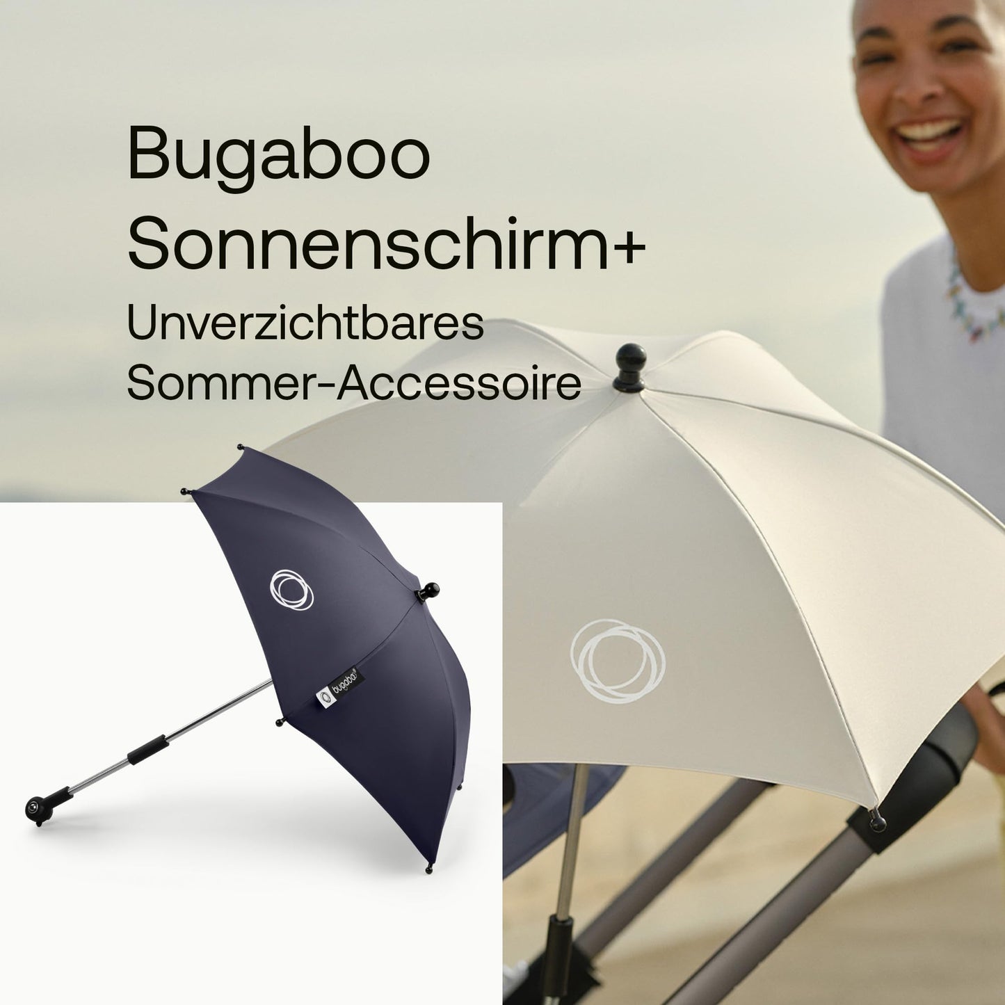 Bugaboo Sonnenschirm+, kompatibel mit allen Bugaboo Kinderwagen, mit UPF 50+ Schutz gegen UV-Strahlen, große Schattenfläche, Verbindung mit einem Klick & leicht verstellbarer Mechanismus, Desert Taupe