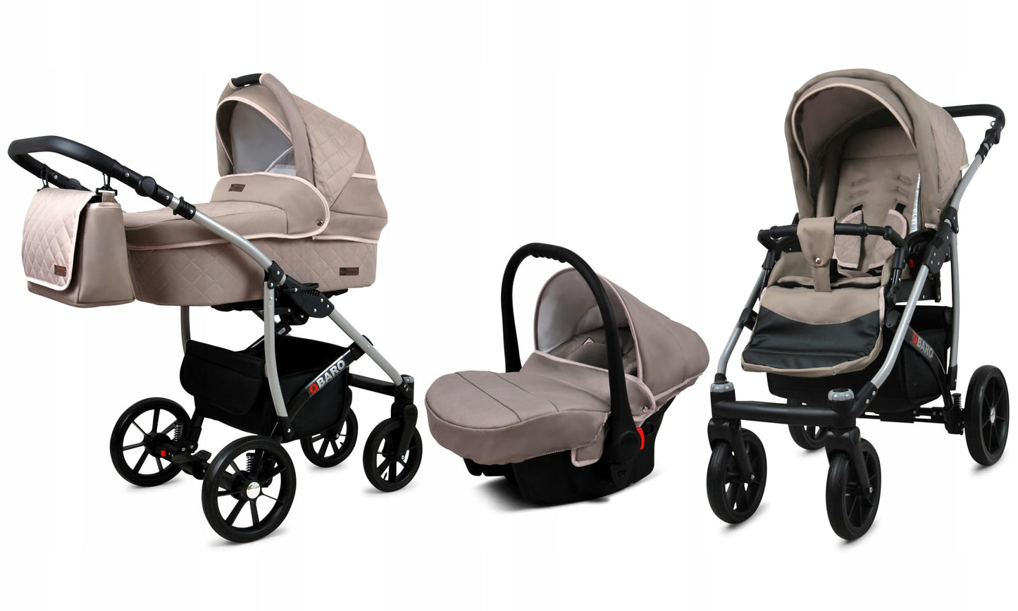 BabyLux® Bambimo Qbaro 3-in-1 Pushchair Set Including Baby Carrycot, Buggy Sports Seat, Car Seat - Car Seat - Pram Set - Combination Pram with Changing Bag, Rain Cover etc. 