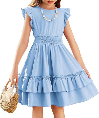 Arshiner Girls Dresses Flutter Sleeves Kids Summer Cotton Formal Dress A-Line Waist Lace-up Casual Dress Swing Dress Elegant Sleeveless Dress for Girls 5-13 Years 