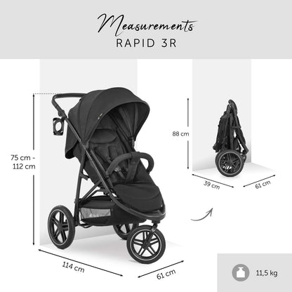 hauck Buggy Rapid 3R für Kinder bis 22 kg, Gummi Reifen, Klein Zusammenklappbar, UV-Schutz 50+, mit Schlaffunktion ab Geburt, Höhenverstellbarer Schieber, Großer Korb bis 3 kg (Black)