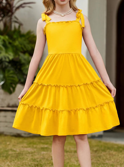 Arshiner Mädchen Kleider Fliege Trägerkleid Kinder Baumwolle Sommerkleid Ärmelloses A-Linie Swingkleid Schulterfrei Elegant Freizeitkleid für Mädchen 5-15 Jahre