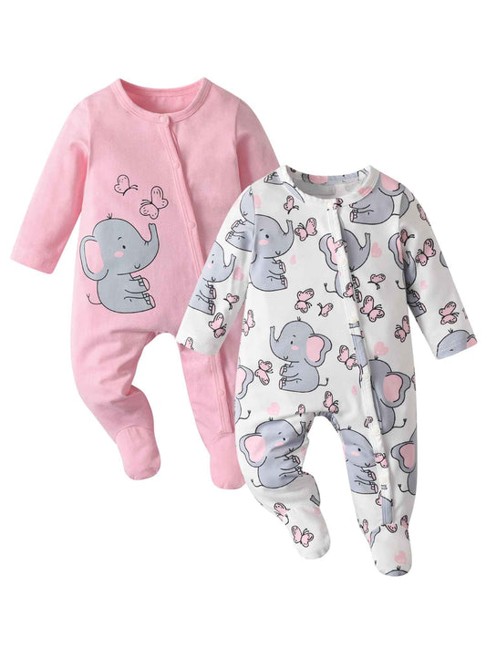 Tearfuty Newborn Girls Elephant Print Long Sleeve Onesie Romper 2 Pack