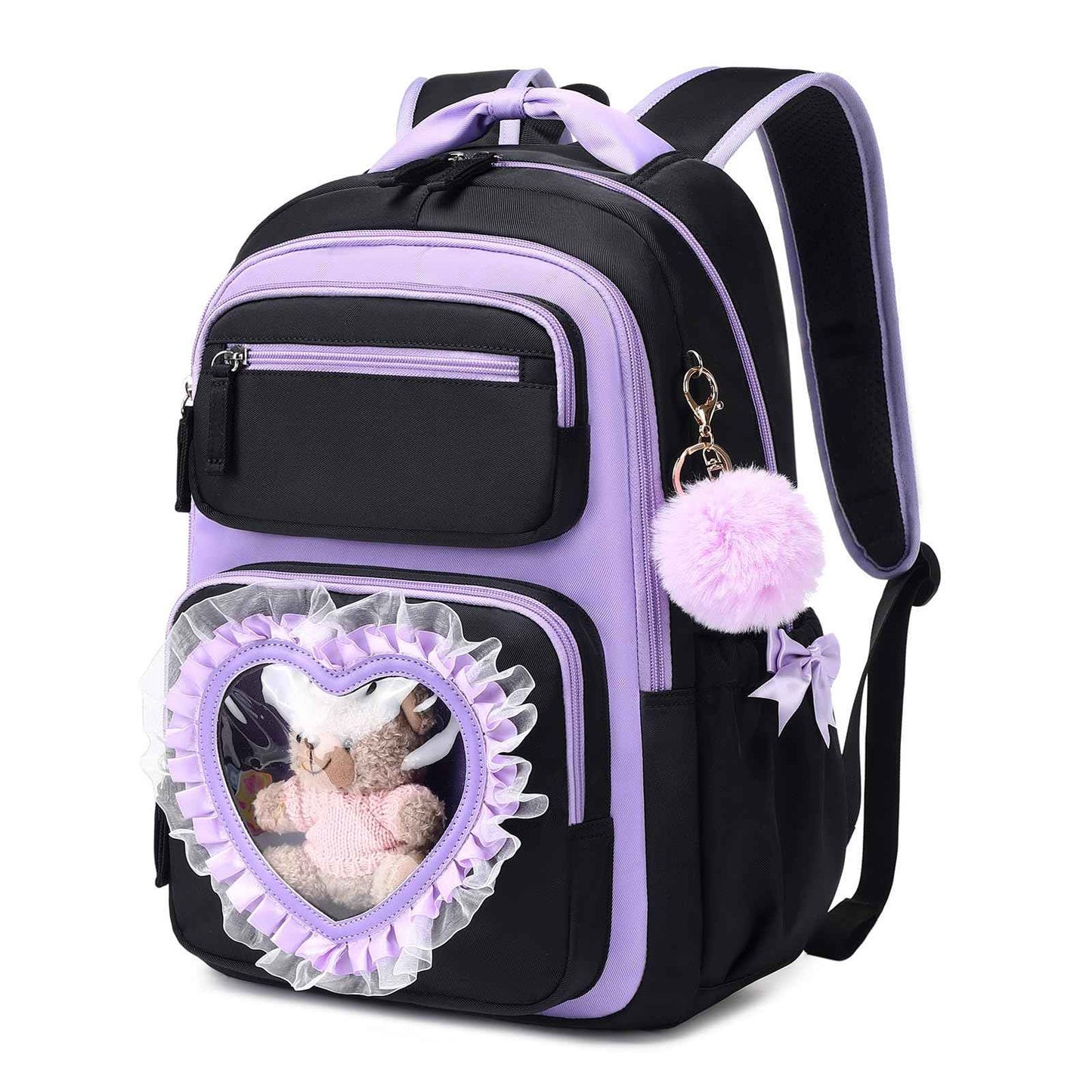 Schulrucksack Mädchen Herzdesign 22L mit Gepäckgurt für Schule | Spitze & Schleifendetails, Ergonomische 3D-Rückenpolsterung, wasserabweisendes Polyester, zahlreiche getrennte Fächer