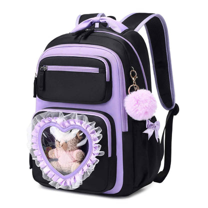 Schulrucksack Mädchen Herzdesign 22L mit Gepäckgurt für Schule | Spitze & Schleifendetails, Ergonomische 3D-Rückenpolsterung, wasserabweisendes Polyester, zahlreiche getrennte Fächer
