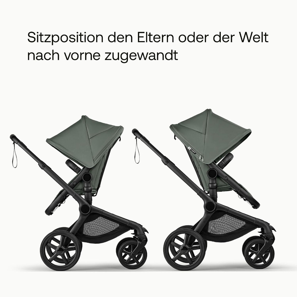 Bugaboo Fox 5 Renew, 2-in-1 Kinderwagen für jedes Gelände, mit Liegewanne | ausziehbarer Kleinkindsitz, praktische Ein-Hand Faltung, Fahrgestell in Schwarz und Sonnendach in Forest Green ab Lager