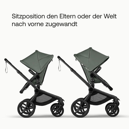 Bugaboo Fox 5 Renew, 2-in-1 Kinderwagen für jedes Gelände, mit Liegewanne | ausziehbarer Kleinkindsitz, praktische Ein-Hand Faltung, Fahrgestell in Schwarz und Sonnendach in Forest Green ab Lager