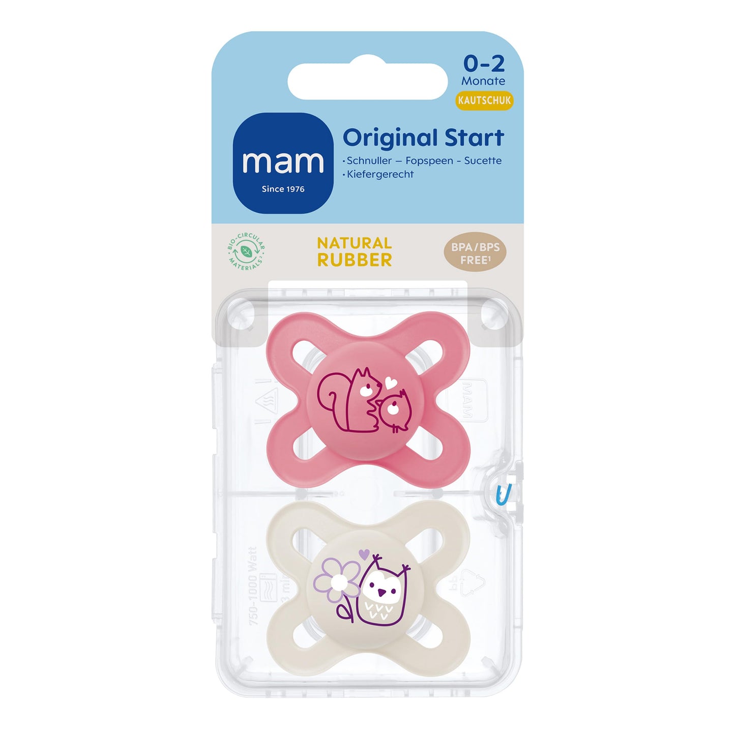 MAM Original Latexschnuller im 2er-Set, Schnuller aus nachhaltigen, bio-erneuerbaren Materialien, Baby Schnuller mit symmetrischem & kiefergerechtem Sauger, 0-6 Monate, Hase/Reh