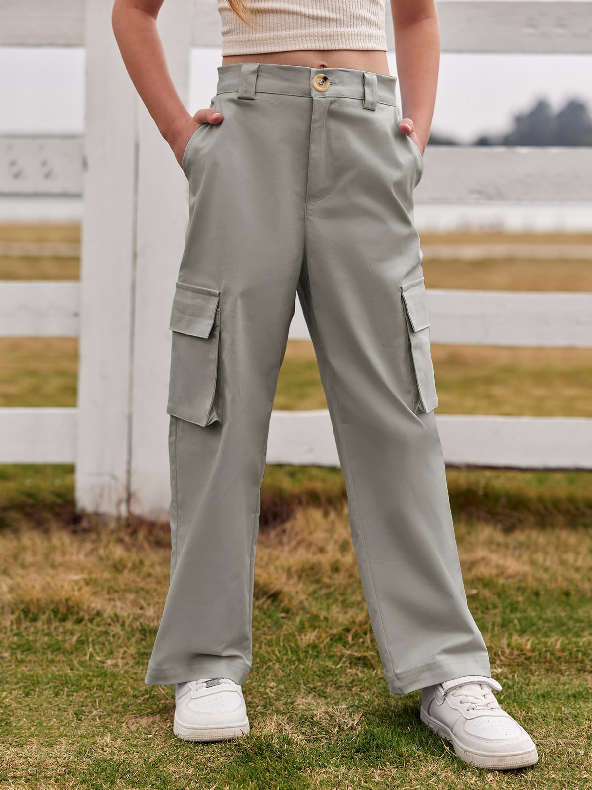 Haloumoning Mädchen Cargohose Baumwoll Y2K Baggy Cargo Hose Kinder Straight Leg Hohe Taille Jogginghose Casual Outdoorhose mit Elastische Taille und Taschen