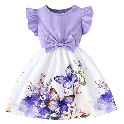 Codkkre Mädchen Kleid Blumen Bowknot Kinder Kleider Rüschenärmel A-Linie Mädchen Kleid Sommer Ostern Mädchen Kleid Rundhals 104 110 116 122 128