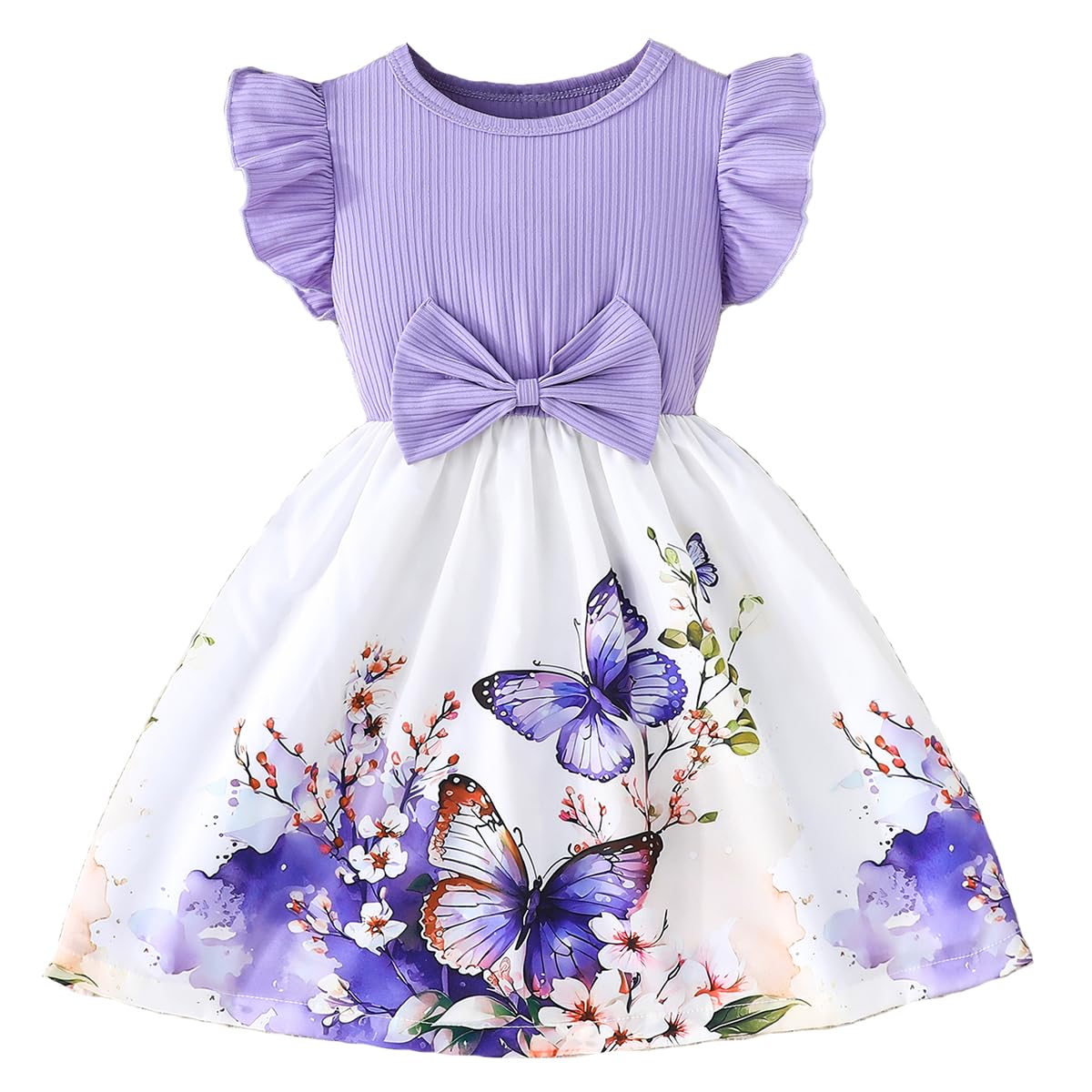 Codkkre Girls Dress Flowers Bowknot Kids Dresses Ruffle Sleeves A-Line Girls Dress Summer Easter Girls Dress Round Neck 104 110 116 122 128 
