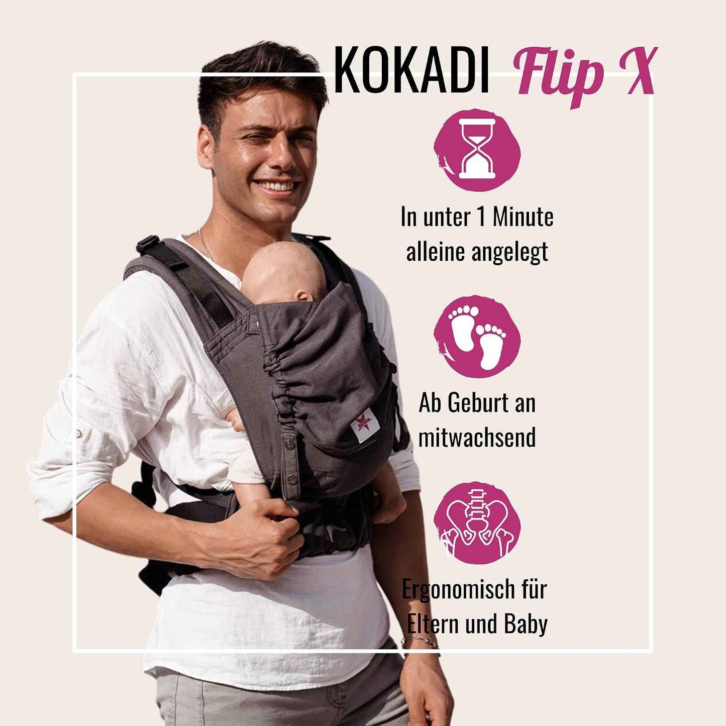 KOKADI Flip X Diorite Stars (Unisize)-Perfekte Kombi aus Fullbuckle & dem Tragen überkreuzt -Ab Geburt - 15 kg,handgefertigt aus 100%Bio-Baumwolle –Ergonomische Babybauchtrage Rückentrage Tragetasche