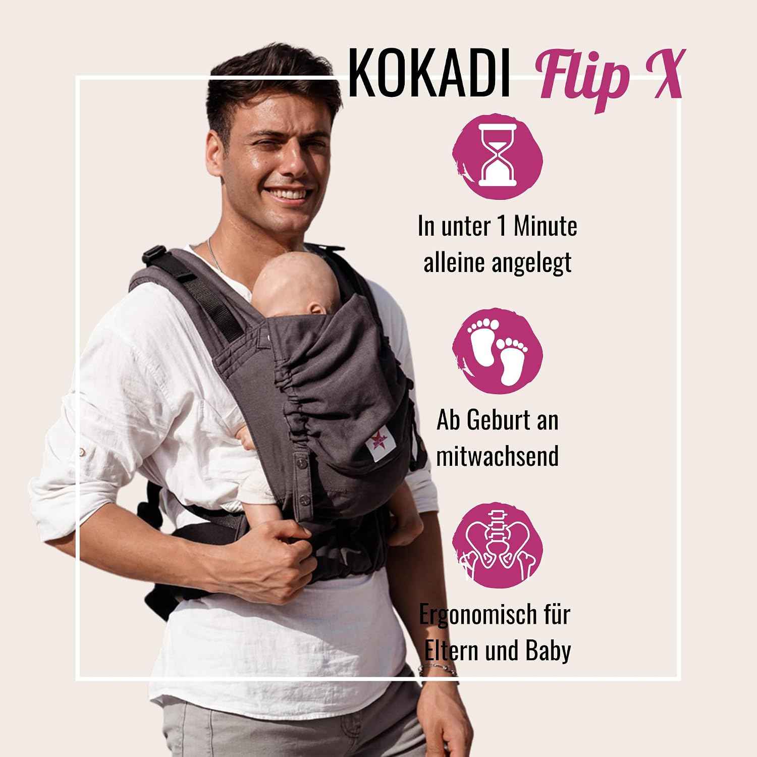 KOKADI Flip X Diorite Stars (Unisize)-Perfekte Kombi aus Fullbuckle & dem Tragen überkreuzt -Ab Geburt - 15 kg,handgefertigt aus 100%Bio-Baumwolle –Ergonomische Babybauchtrage Rückentrage Tragetasche