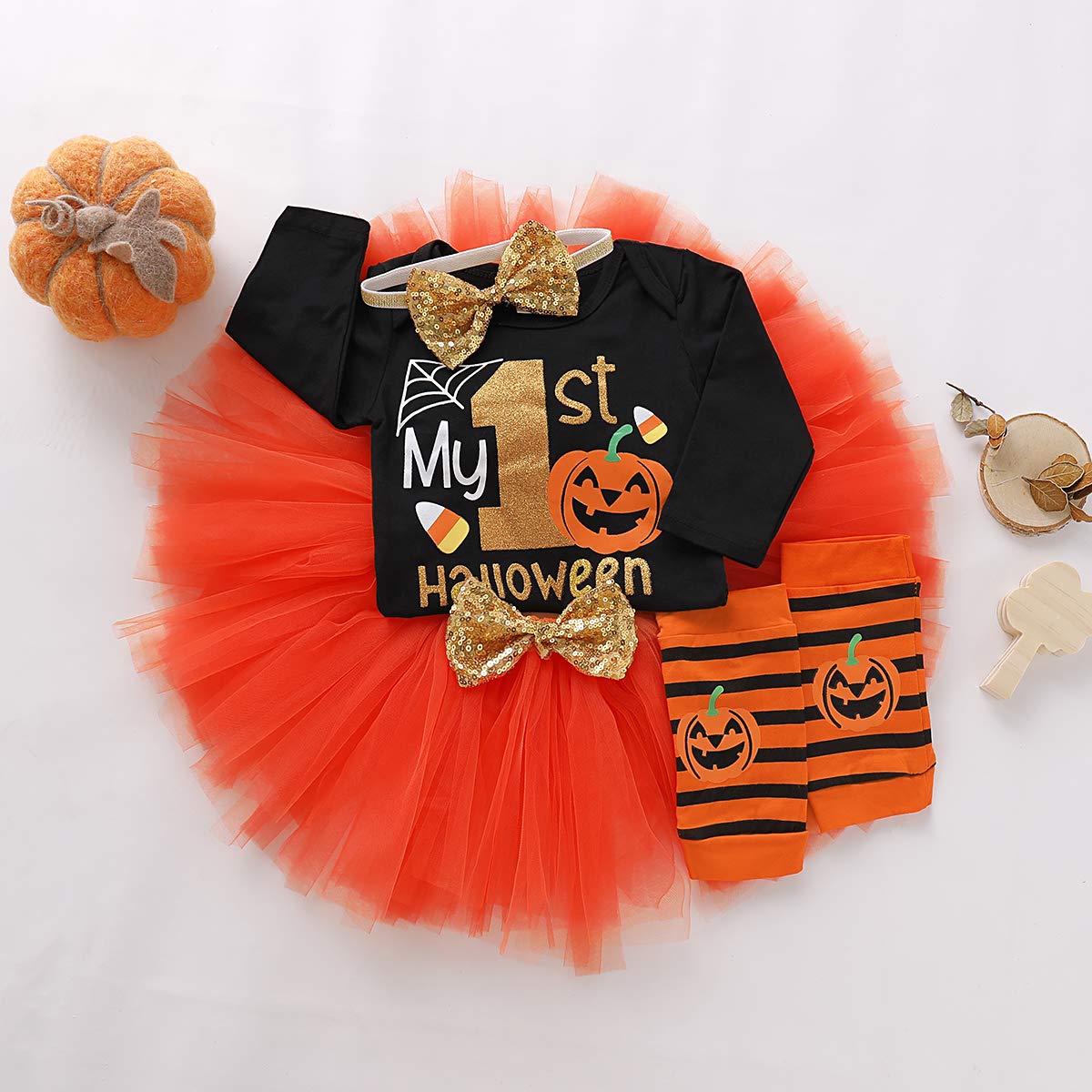 Baby Girl Halloween Outfit, My First Halloween Baby Girl Clothing, Halloween Outfit Baby, Newborn Halloween Baby Pumpkin Romper + Tutu Skirt + Leg Warmer + Headband, Baby Clothing Halloween