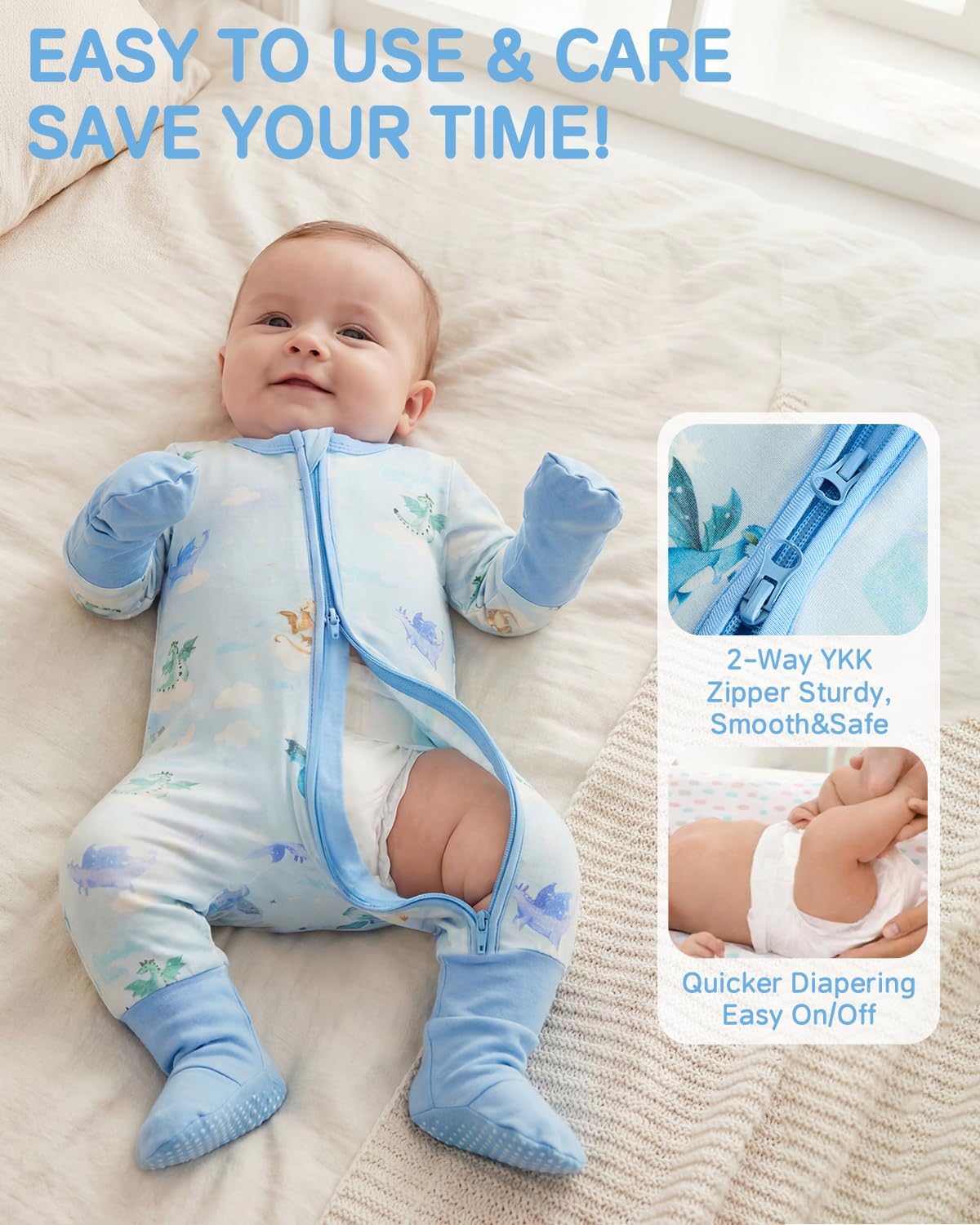 2er Pack Baby Schlafanzug Strampler Neugeborene Jungen Mädchen,Viskose Aus Bambus,mit Fußteil Und Umklappbaren Fäustlingen für 0-24 Monate