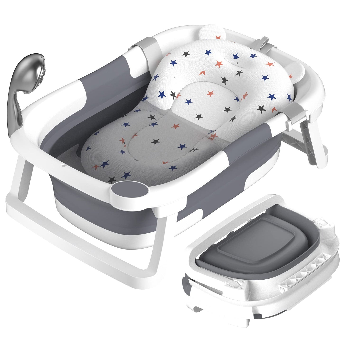 Rabb 1st Baby Badewanne Faltbare, Baby Bathtub Babywanne Faltbar Babybadewanne Tragbare Wanne für Neugeborene Kleinkinder mit Rutschfester Matte und Abflussloch (Kein Thermometer) (Grau)