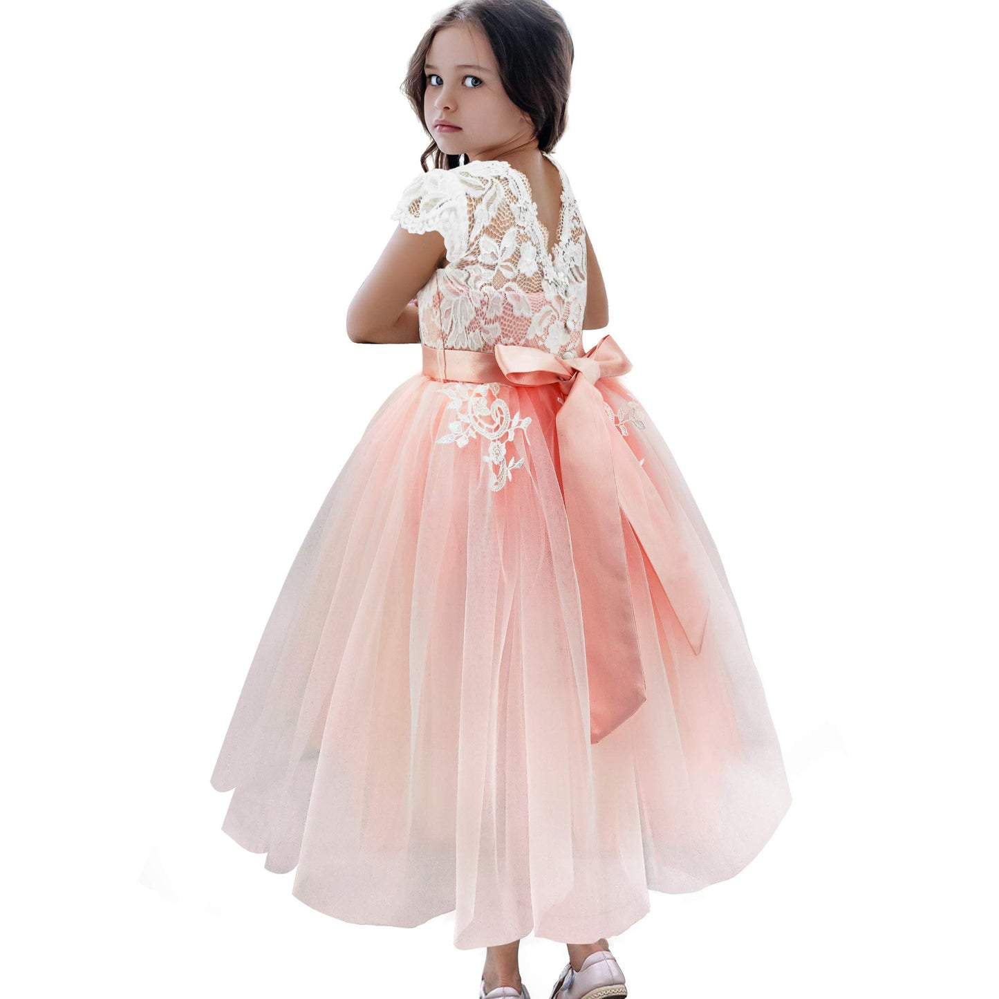 TYHTYM Blumenmädchen Kleid, Festzug, Hochzeit, Spitzenkleid, Abschlussballkleid, Mädchen, Partykleid, Flattern Ärmel, Weiß