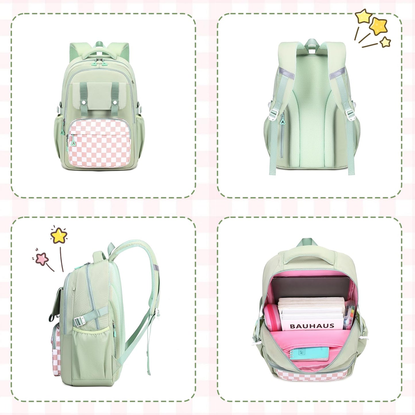 Rucksack mädchen 22L ergonomisch mit reflektierenden Streifen | Wasserdichtes Karogewebe, atmungsaktives 3D-Rückenpolster, zahlreiche getrennte Fächer, passend für 15,6-Zoll-Laptops