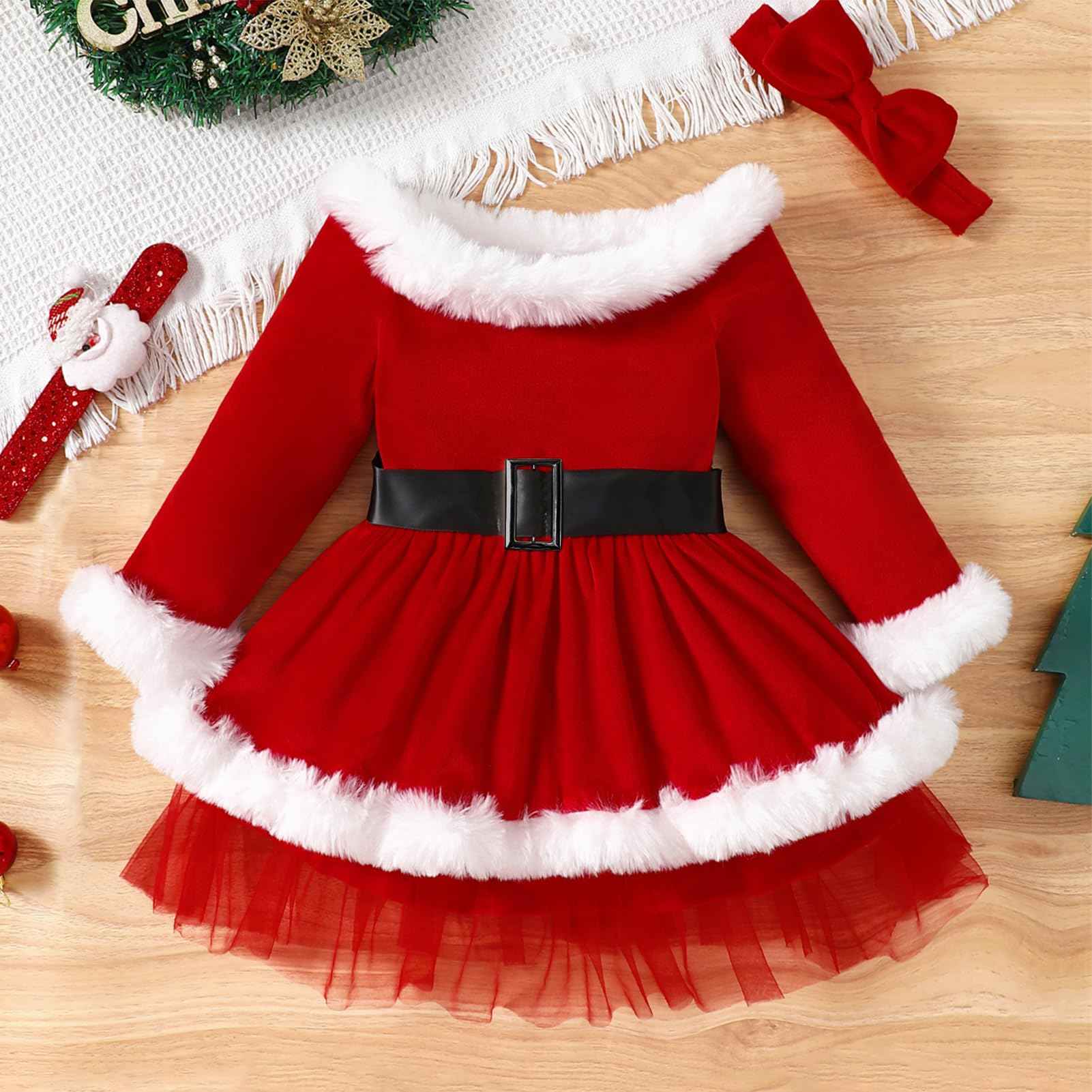 Odizli Christmas Dress Girls Children Baby Autumn Winter Long Sleeve Santa Velvet Dress + Headband Christmas Outfit