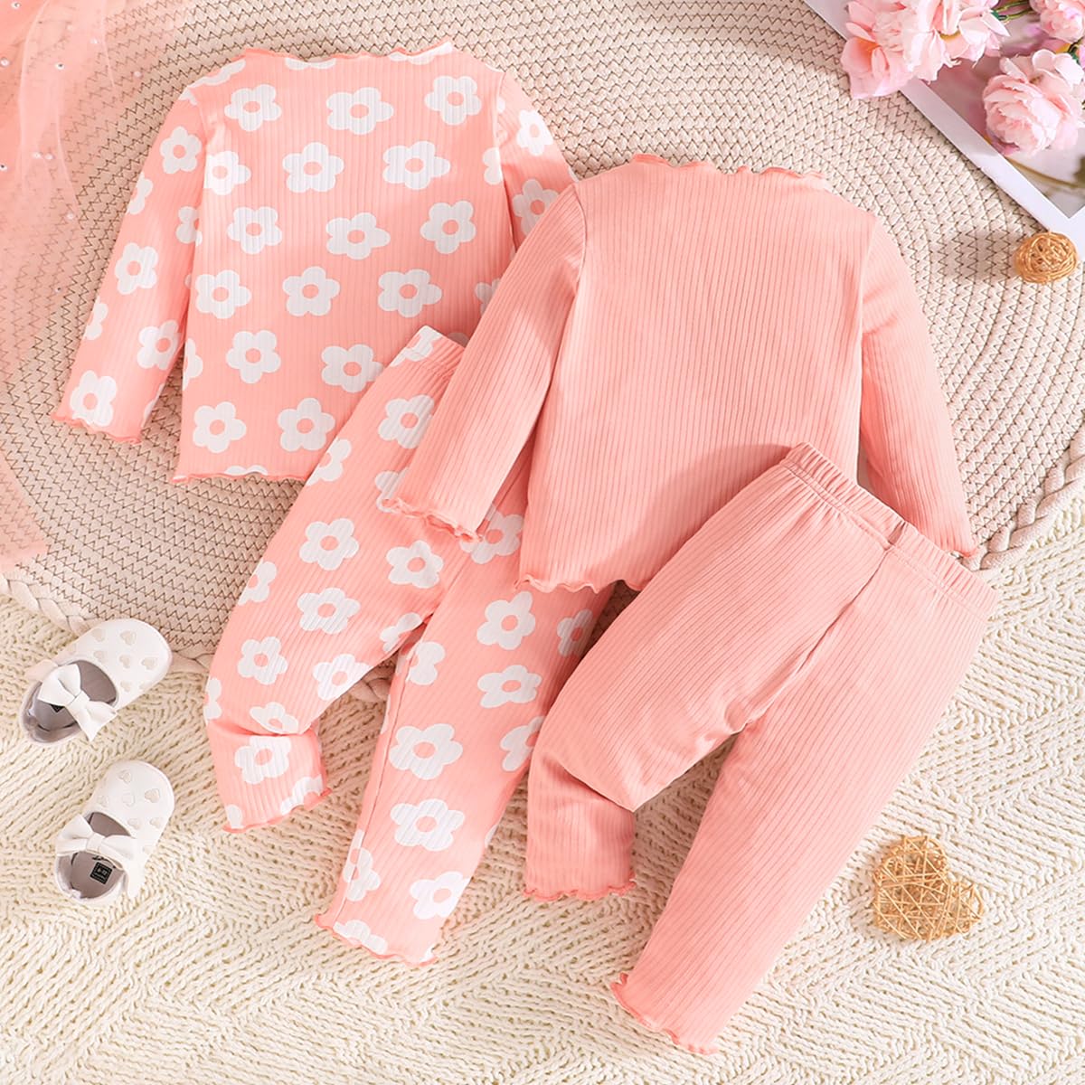 Kleinkind Baby Mädchen Kleidung Set Rüschen gerippt Kurzarm / Langarm T-Shirt Tops + Shorts Hosen 4 Stück Sommer Herbst Süße Outfits Set