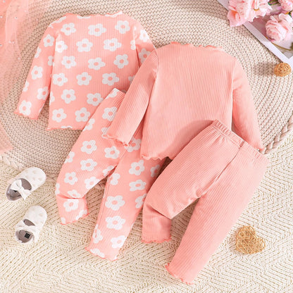 Kleinkind Baby Mädchen Kleidung Set Rüschen gerippt Kurzarm / Langarm T-Shirt Tops + Shorts Hosen 4 Stück Sommer Herbst Süße Outfits Set