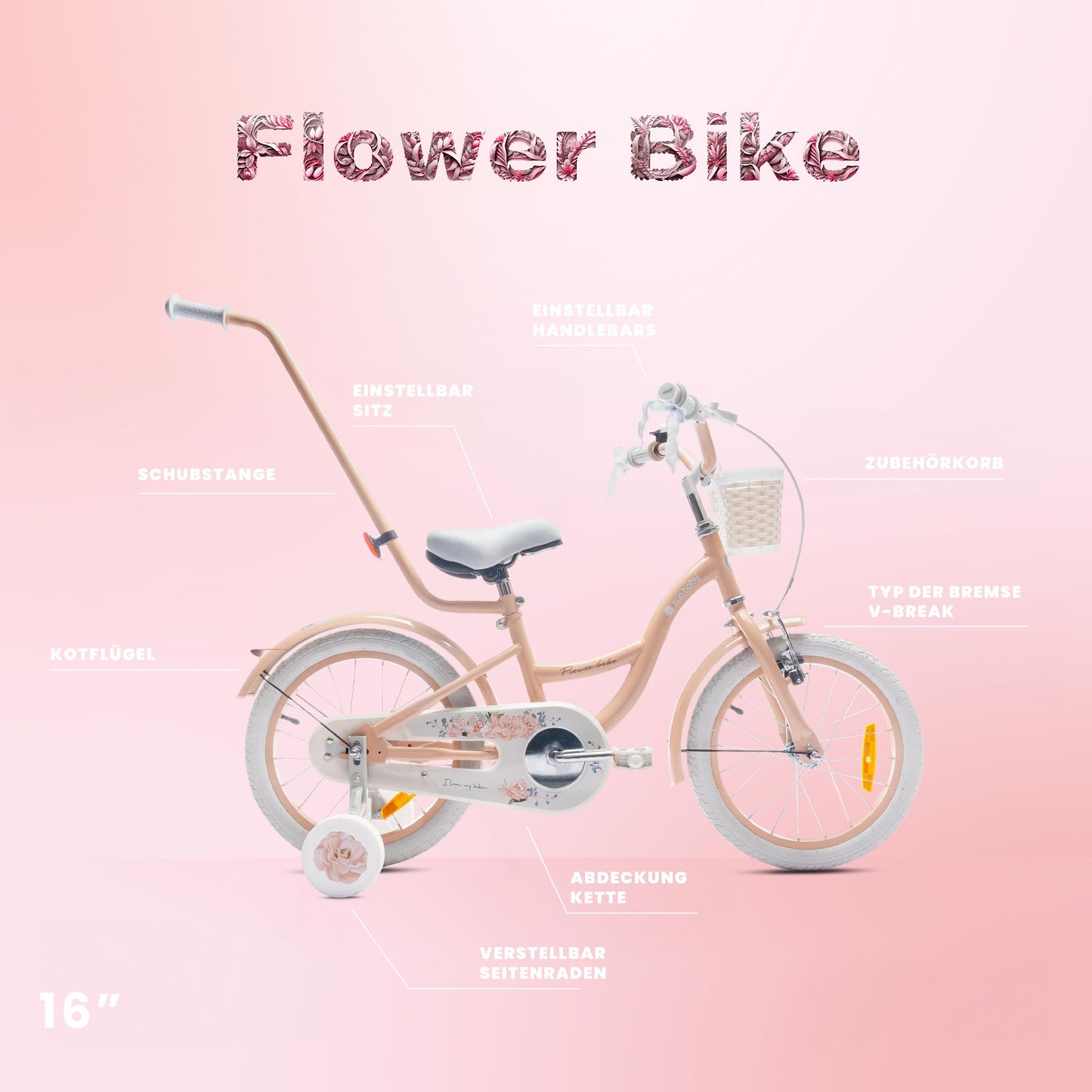 sun baby Mädchenfahrrad Flower Bike Radgröße zur Auswahl, mit Abnehmbarer Schubstange, Kinderfahrrad für Mädchen von 2 bis 6 Jahre