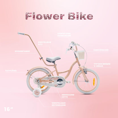 sun baby Mädchenfahrrad Flower Bike Radgröße zur Auswahl, mit Abnehmbarer Schubstange, Kinderfahrrad für Mädchen von 2 bis 6 Jahre