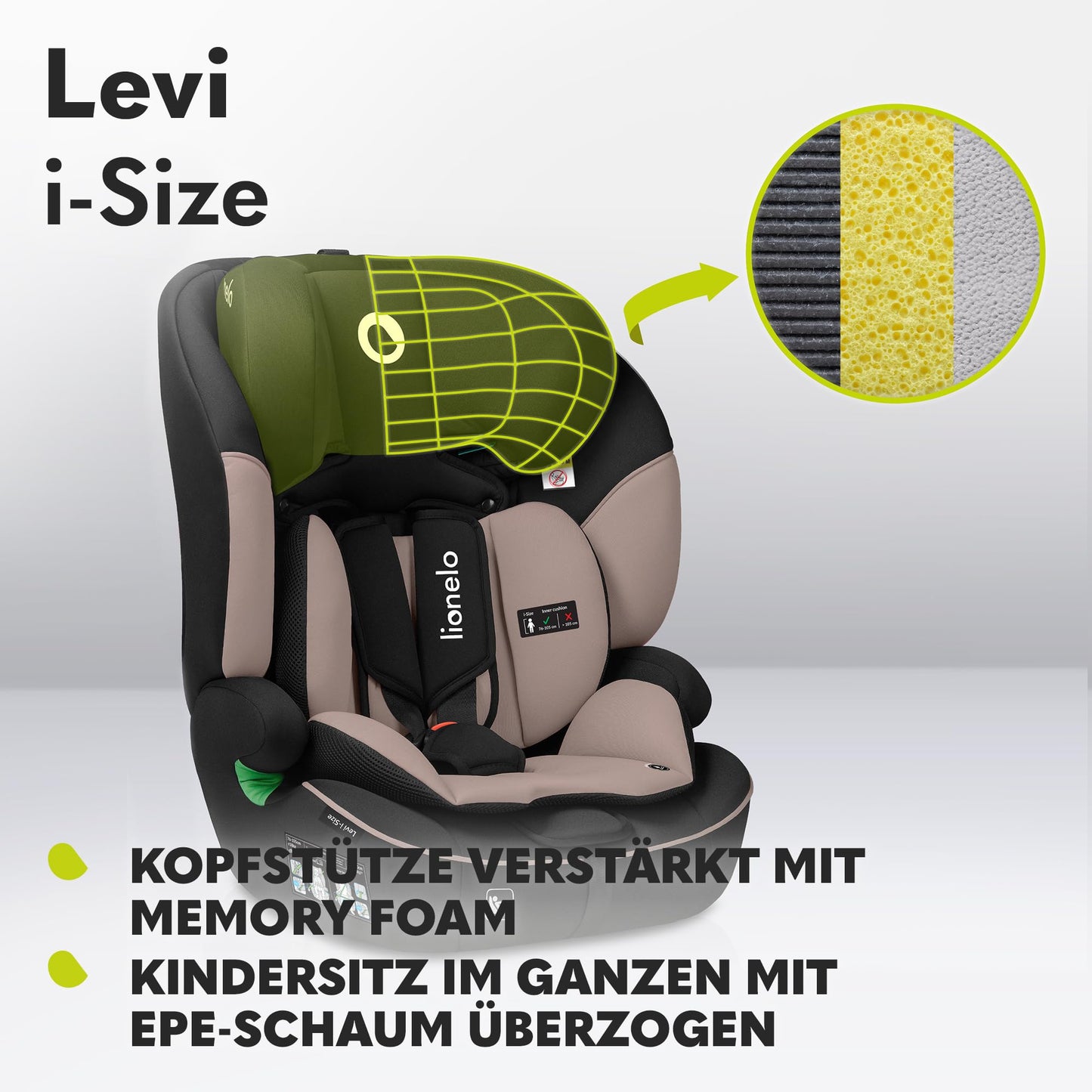 LIONELO LEVI I-SIZE 76-150 cm Kinderautositz, Gruppe 1 2 3, Seitenschutz, 10 Grad Kopfstützenverstellung Bequeme Armlehnen Verstellbare Rückenlehne, R129 i-Size