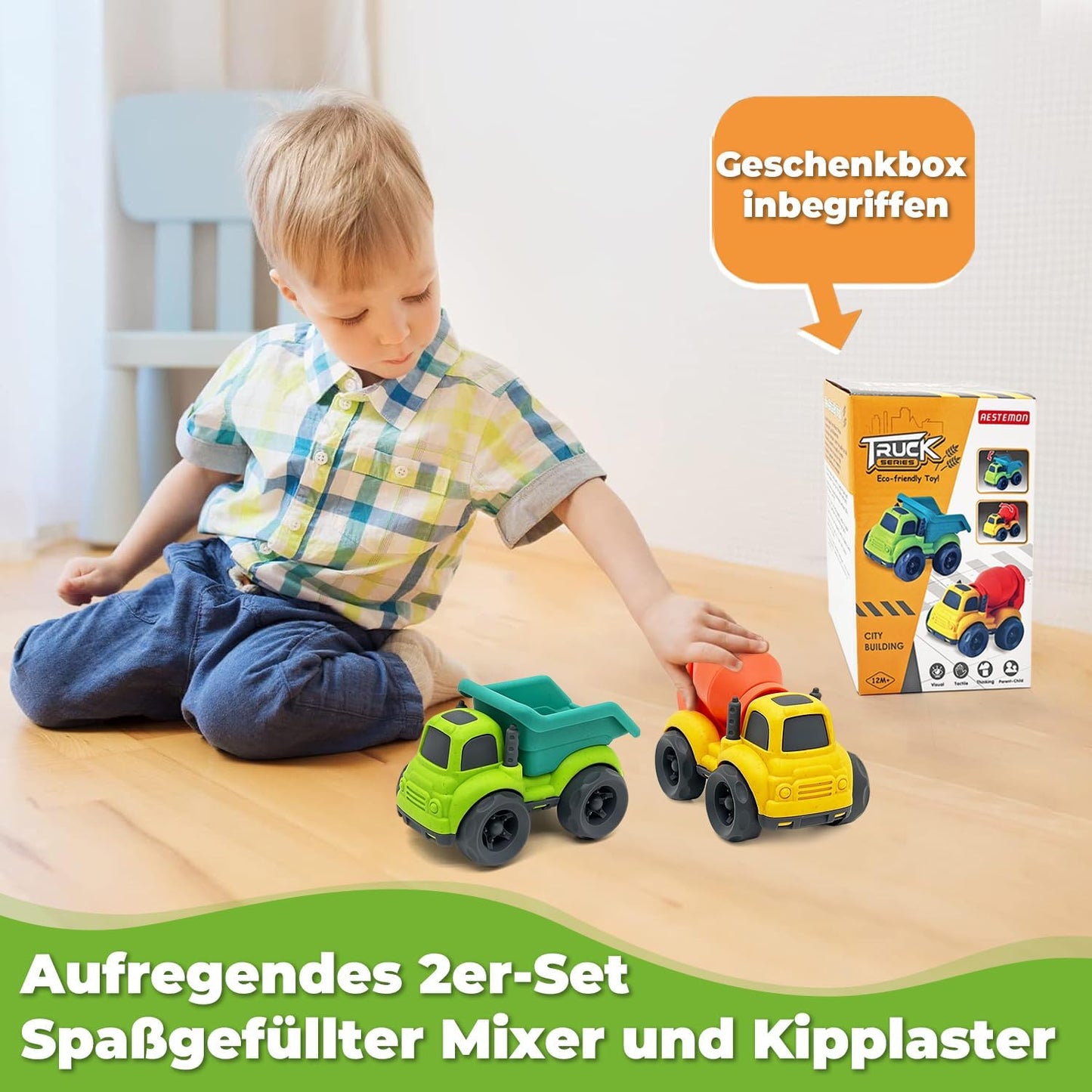 AESTEMON Sand Toy from 1 Year, Sandpit Toy Dump Truck & Concrete Mixer Truck Children's Toy from 1 2 Years, Indoor Outdoor Car Toy Baby Gift Boy 1 2 3 Years, Pack of 2