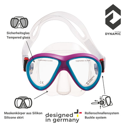 DYNAMICNORD - Kinder Schnorchelset – Designed in Germany – Profi Silikon 2er Set Tauchset Schnorchelset für Kinder (Taucherbrille, Trocken Schnorchel & Netztasche) mit Dry Schnorchel & Sicherheitsglas