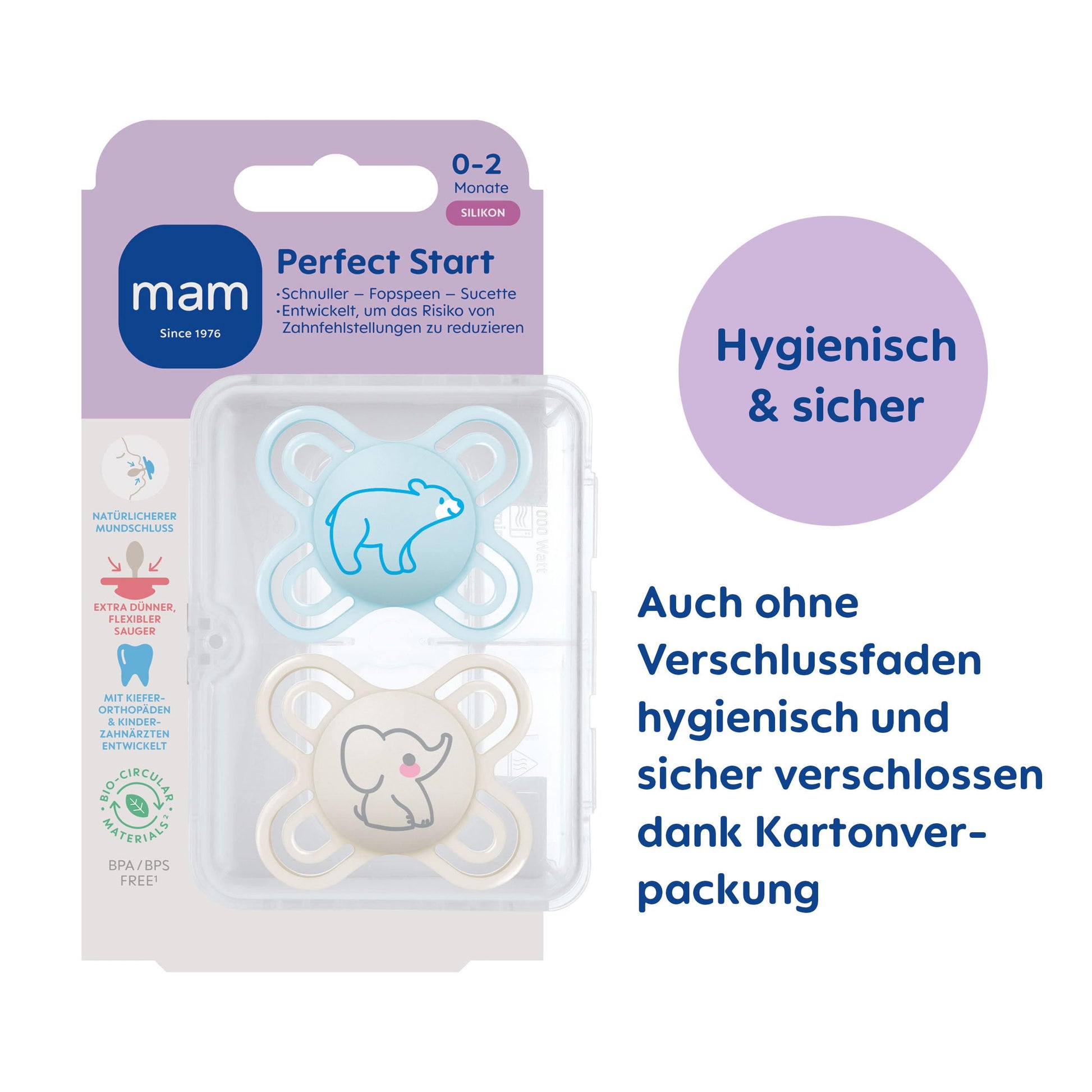 MAM Perfect Start Schnuller im 2er-Set, speziell für Neugeborene, zahnfreundlicher Baby Schnuller aus nachhaltigen & bio-erneuerbaren Materialien, mit Schnullerbox, 0-2 Monate, Biene/Schnecke - Meloni2