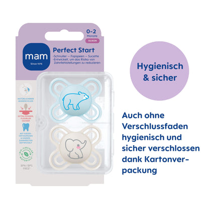 MAM Perfect Start Schnuller im 2er-Set, speziell für Neugeborene, zahnfreundlicher Baby Schnuller aus nachhaltigen & bio-erneuerbaren Materialien, mit Schnullerbox, 0-2 Monate, Biene/Schnecke - Meloni2