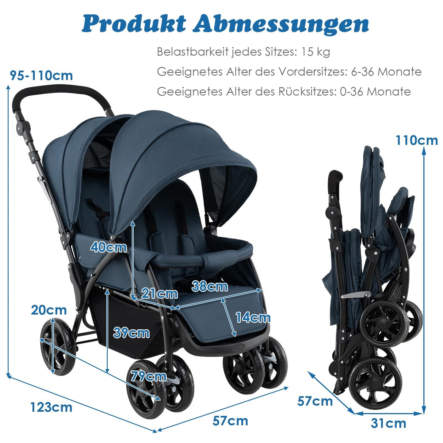 COSTWAY Folding Double Pushchair, Twin Pushchair with Adjustable Backrest and Hood, Travel Buggy with Reclining Function, Twin Buggy Pushchair for Baby from 6 Months, 30 kg Load Capacity (Grey)