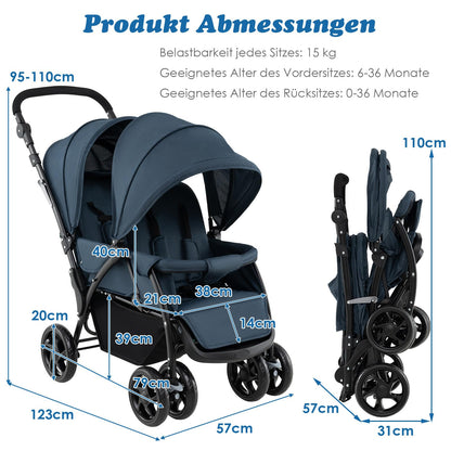 COSTWAY Folding Double Pushchair, Twin Pushchair with Adjustable Backrest and Hood, Travel Buggy with Reclining Function, Twin Buggy Pushchair for Baby from 6 Months, 30 kg Load Capacity (Grey)