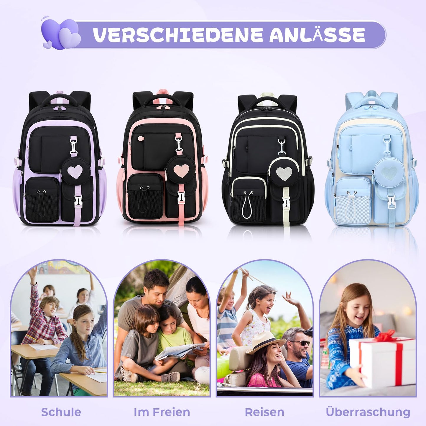 Schulrucksack Teenager Mädchen 22,9L mit Abnehmbarem Münzbeutel | Reflektierende Sicherheitsstreifen,S-förmige Wirbelsäulenstütze,Wasserfestes Gewebe,Wabenbelüfteter Rücken