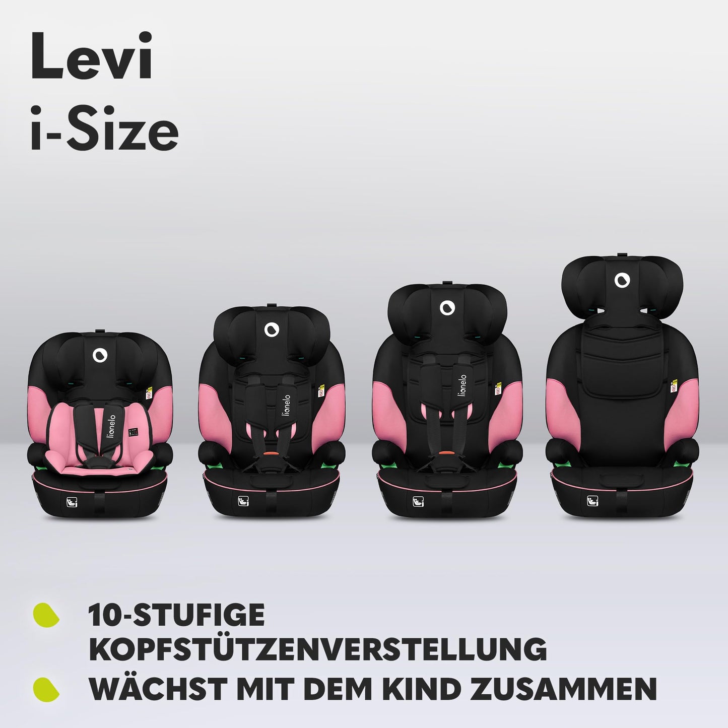 LIONELO LEVI I-SIZE 76-150 cm Kinderautositz, Gruppe 1 2 3, Seitenschutz, 10 Grad Kopfstützenverstellung Bequeme Armlehnen Verstellbare Rückenlehne, R129 i-Size