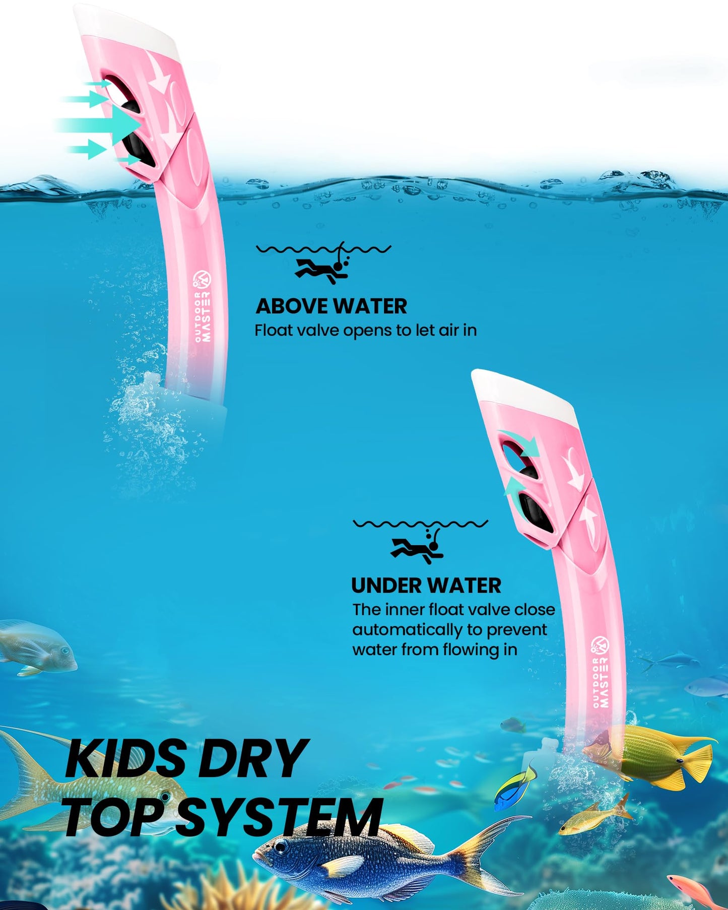 OutdoorMaster Marlin Children's Snorkel Set, Adjustable Strap, Dry Top Diving Mask, Anti-Fog Snorkel Mask, Children's Swimming Goggles for Boys and Girls, Age 4-14